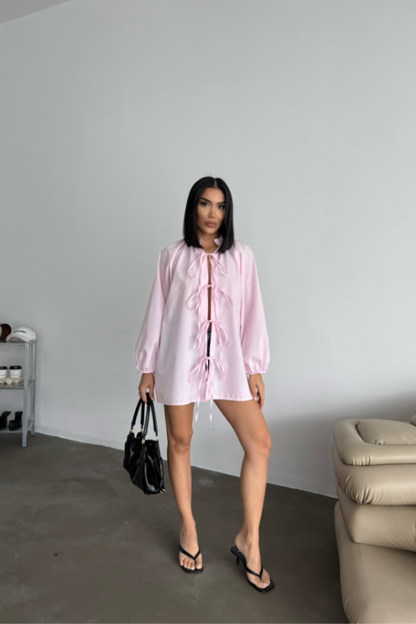 GÖMLEK POPLİN HAKİM YAKA ÖNDEN BAĞLAMA İP DETAYLI - Pembe