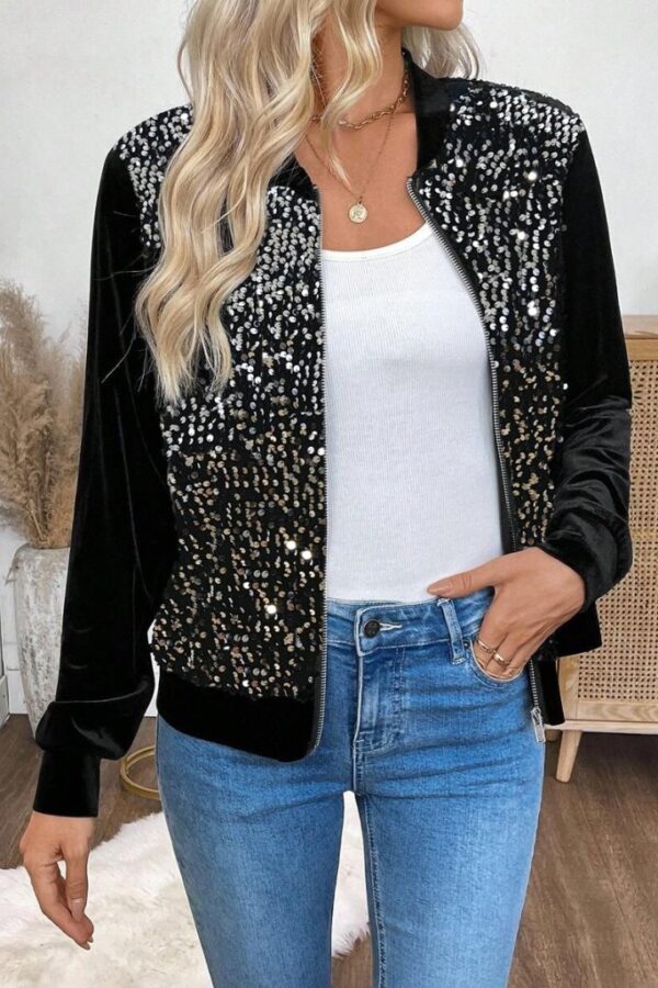 Kadın Uzun Kollu önü Açık Fermuarlı Pulpayetli Kadife Ceket