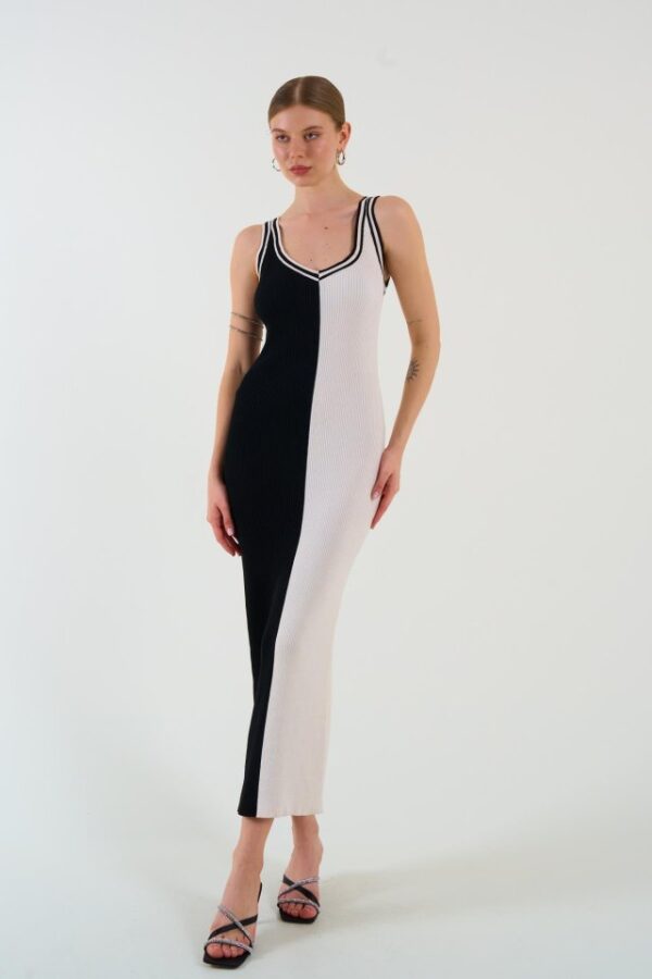 İki Renki Kolsuz Elbise - Siyah-Krem