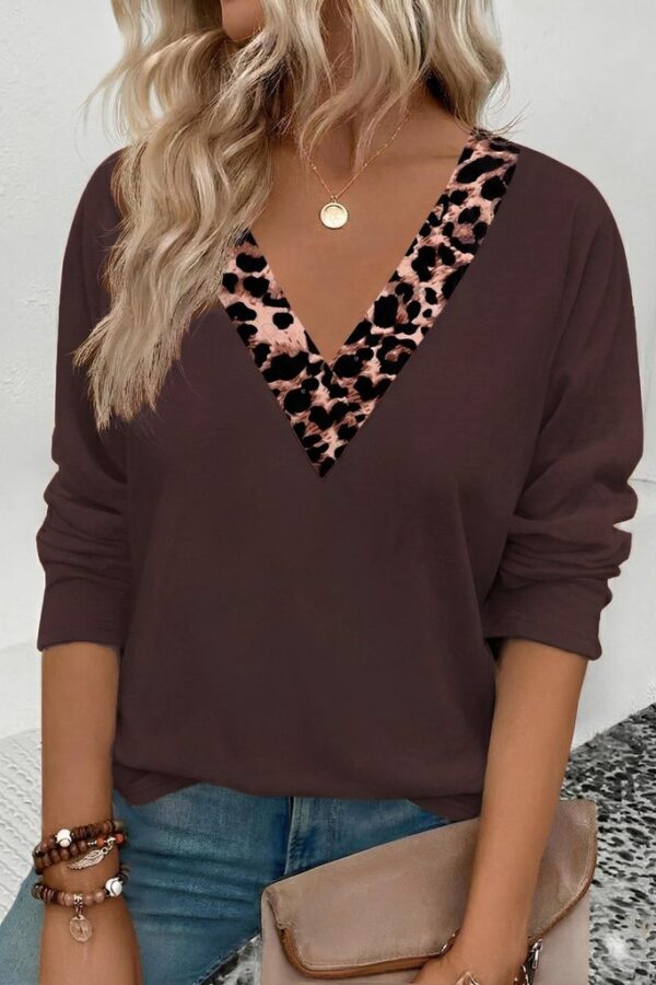 Kadın Uzun Kollu V Yakalı Leopar Detaylı Viskon Iki Iplik Bluz