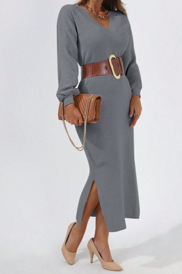 Kadın Gri Uzun Kollu Yırtmaçlı V Yaka Triko Elbise