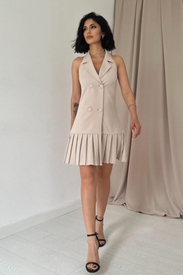 Siyah Sırtı Açık Ceket Yakalı Elbise