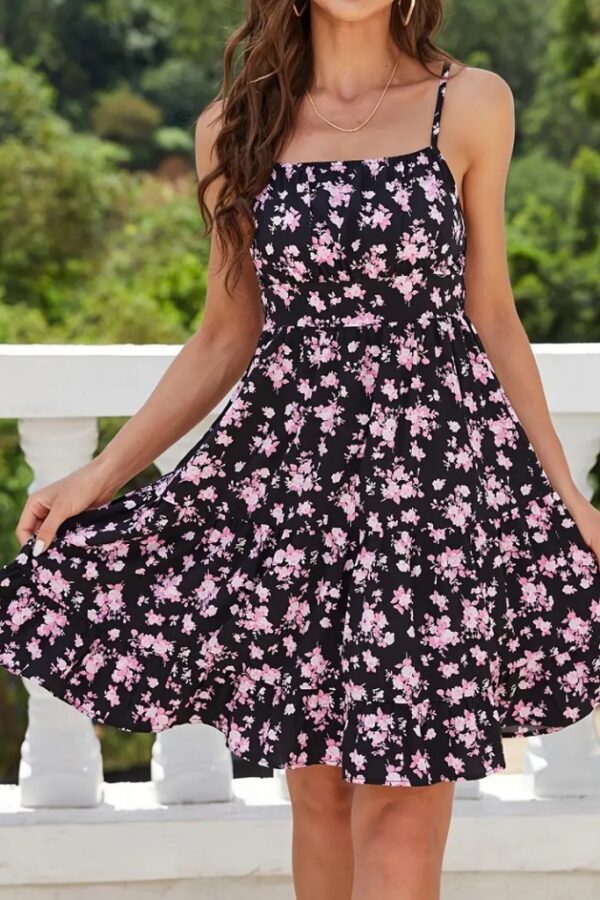 Kadın Askılı çiçek Desenli Süprem Mini Elbise