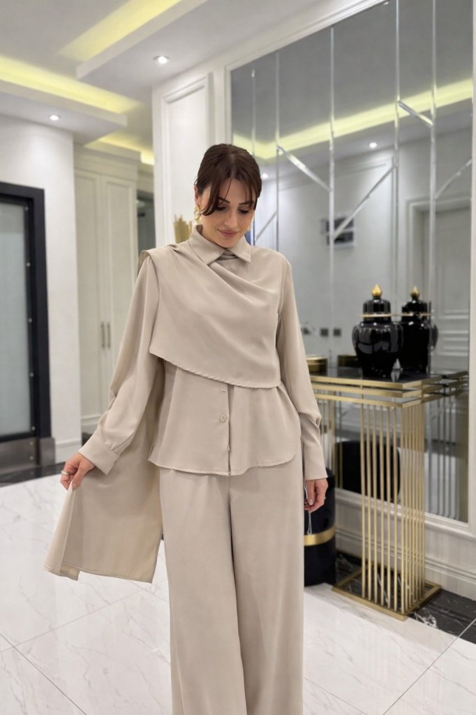 Kadın Uzun Kollu şal Detaylı Bluz Ve Pantolon Kemer Dahil Ikili Takım - Görsel 3