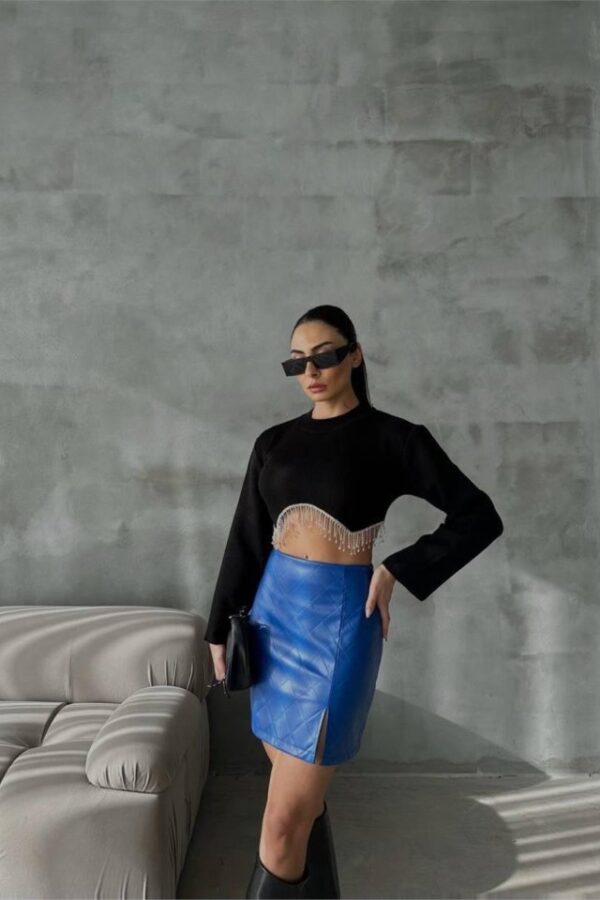 KAPİTONE DERİ ETEK YIRTMAÇLI - Saks