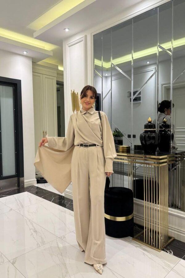 Kadın Uzun Kollu şal Detaylı Bluz Ve Pantolon Kemer Dahil Ikili Takım