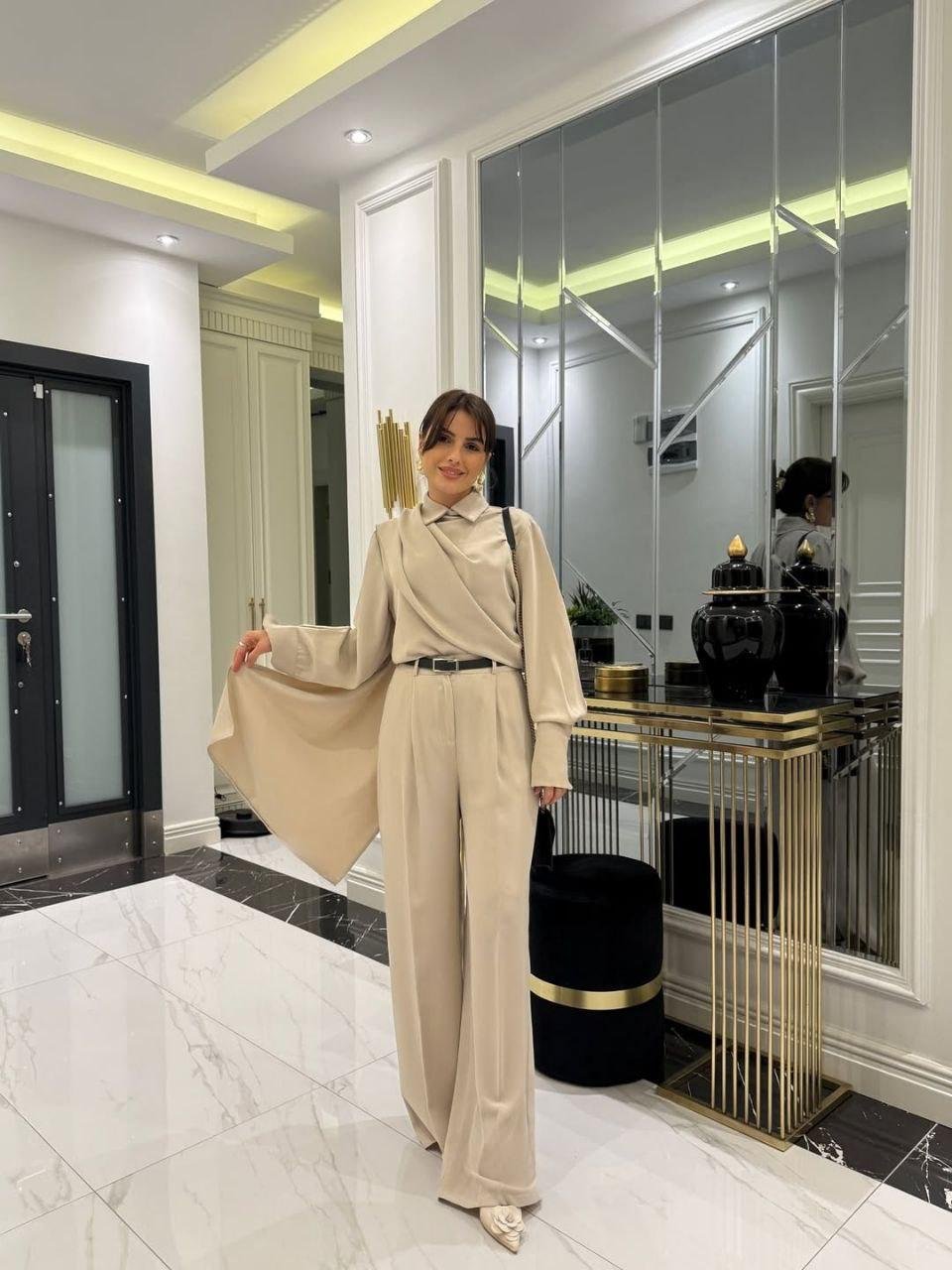 Kadın Uzun Kollu şal Detaylı Bluz Ve Pantolon Kemer Dahil Ikili Takım