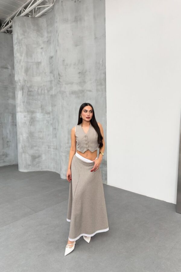 Gi̇o Çi̇zgi̇li̇ Garni̇li̇ Mi̇di̇ Etek Yelek Takim