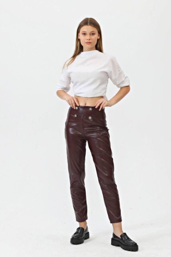 Düğmeli̇ Yan Fermuarli Deri̇ Pantolon