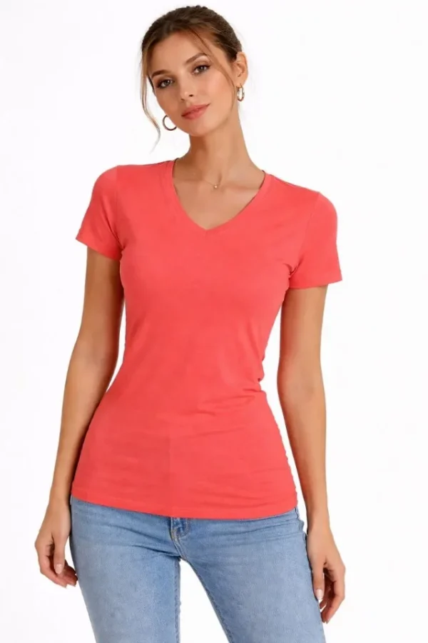 T-Shirt V Yaka Slim Fit Likralı Tişört Günlük Basic Body - Nar Çiçeği