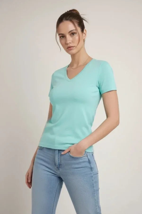 T-Shirt V Yaka Slim Fit Likralı Tişört Günlük Basic Body - Turkuvaz