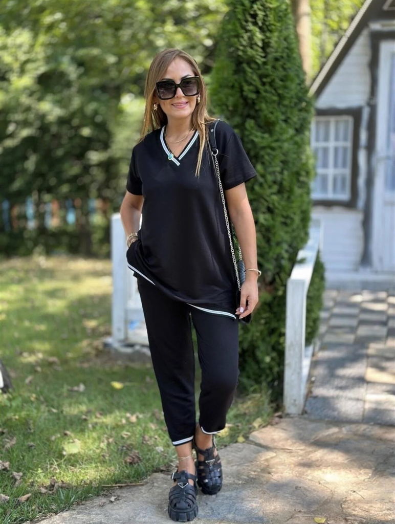 Kadın Kısa Kollu V Yakalı Iki Iplik Bluz Ve Pantolon Ikili Takım - Görsel 9