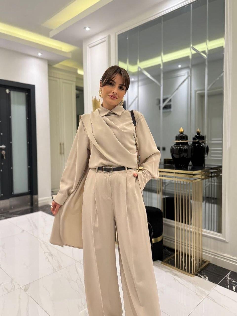 Kadın Uzun Kollu şal Detaylı Bluz Ve Pantolon Kemer Dahil Ikili Takım - Görsel 6