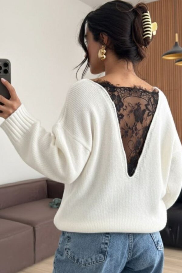 Kadın Sırtı Dantel Transparan Detay Triko Kazak