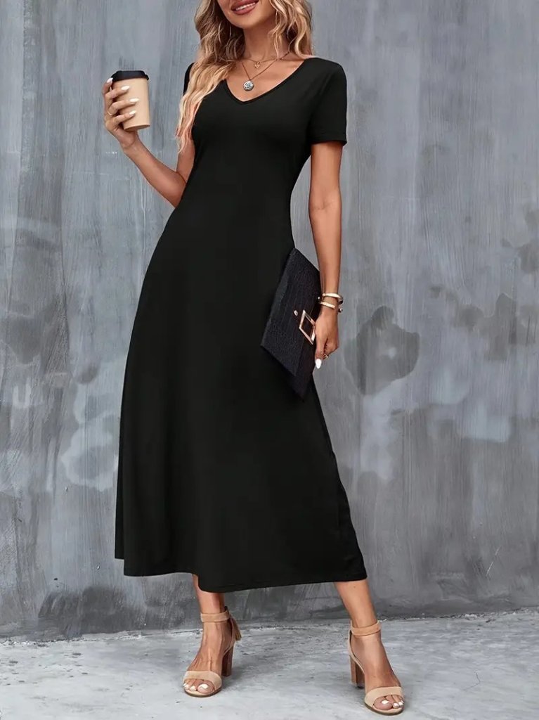 Kadın Kısa Kollu V Yakalı Cepli Viskon Elbise - Görsel 12