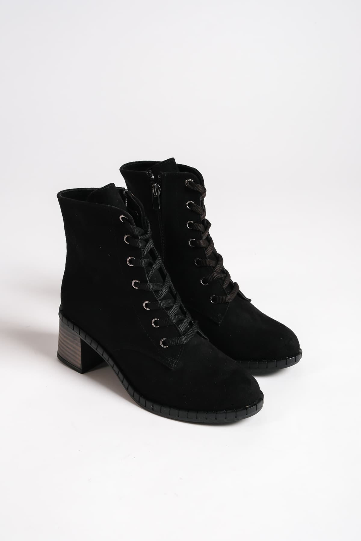 DIANA Bağcıklı Fermuarlı Ortopedik Taban Topuklu Süet Kadın Bot SST - Siyah - Görsel 4