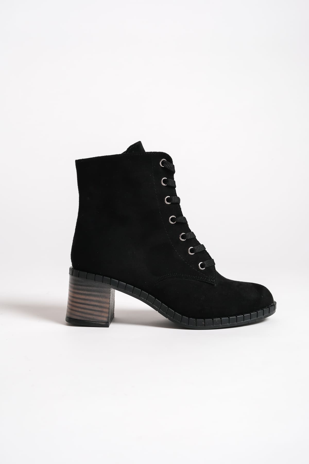 DIANA Bağcıklı Fermuarlı Ortopedik Taban Topuklu Süet Kadın Bot SST - Siyah - Görsel 6