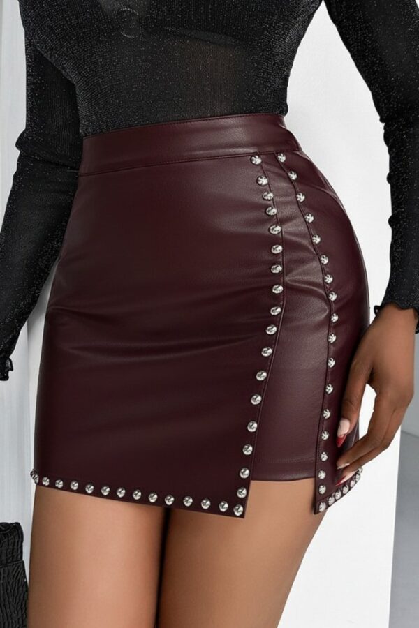 Kadın Yüksek Belli Yandan çivili Mini Deri Etek