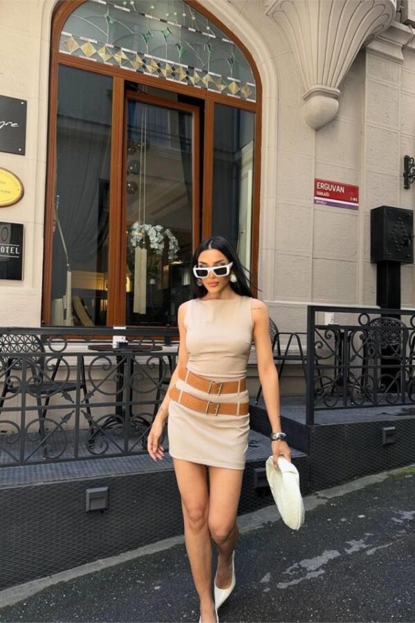 POLYVİSCON ÇİFT KEMER DETAYLI ELBİSE - Bej