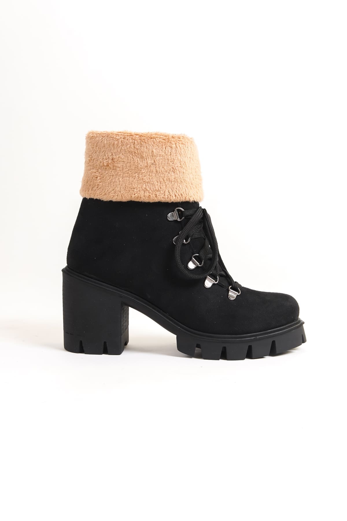 EMMA Bağcıklı Fermuarlı Ortopedik Taban Topuklu Kürk Detaylı Süet Kadın Bot SST - Siyah - Görsel 6