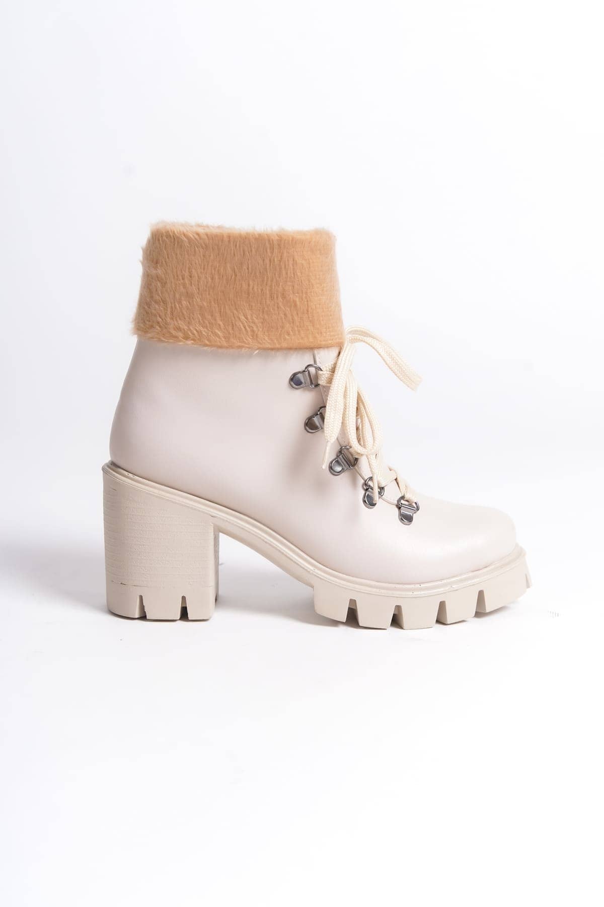EMMA Bağcıklı Fermuarlı Ortopedik Taban Topuklu Kürk DetaylıKadın Bot CKT - Krem - Görsel 6