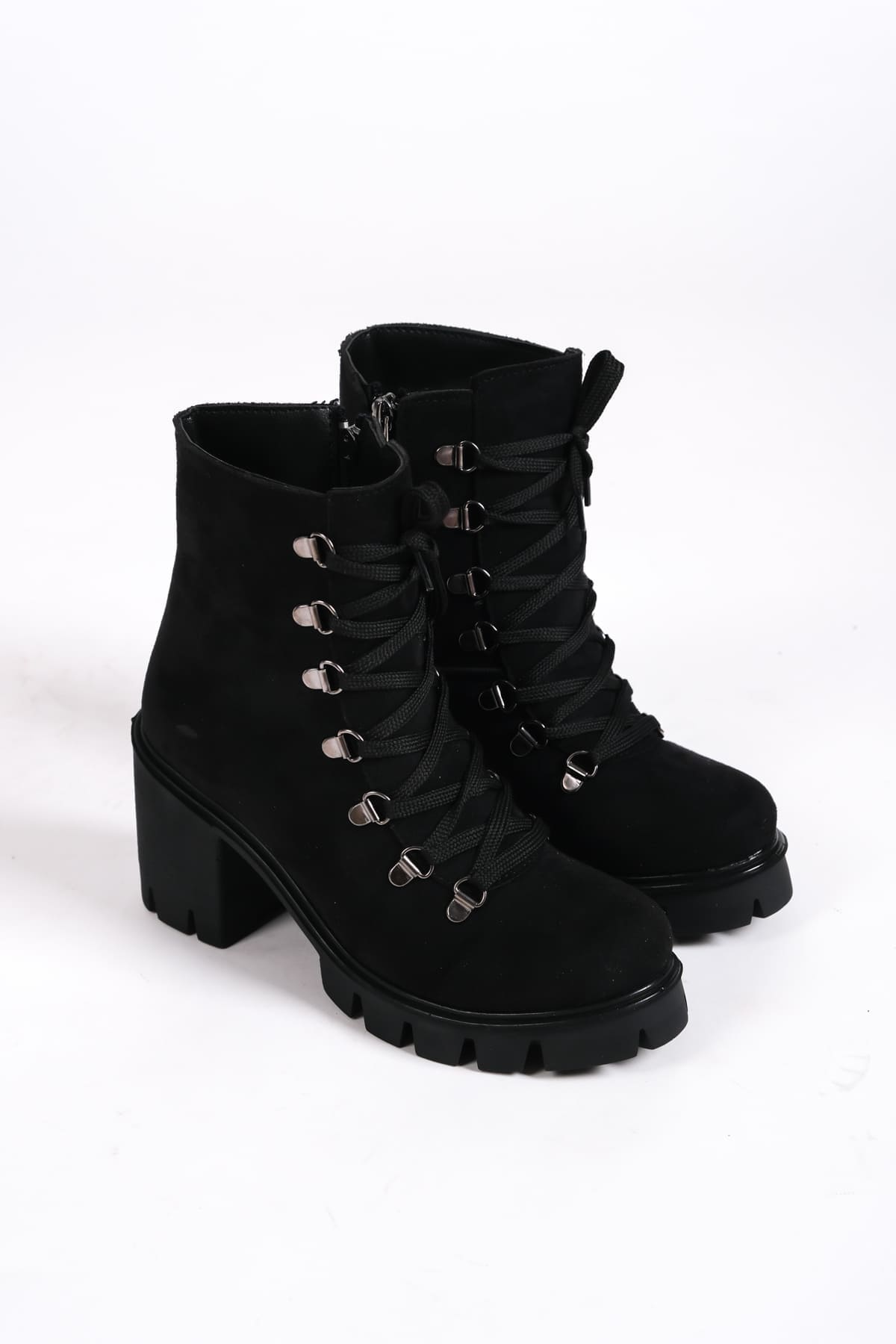 EMMA Bağcıklı Fermuarlı Ortopedik Taban Topuklu Süet Kadın Bot SST - Siyah - Görsel 4