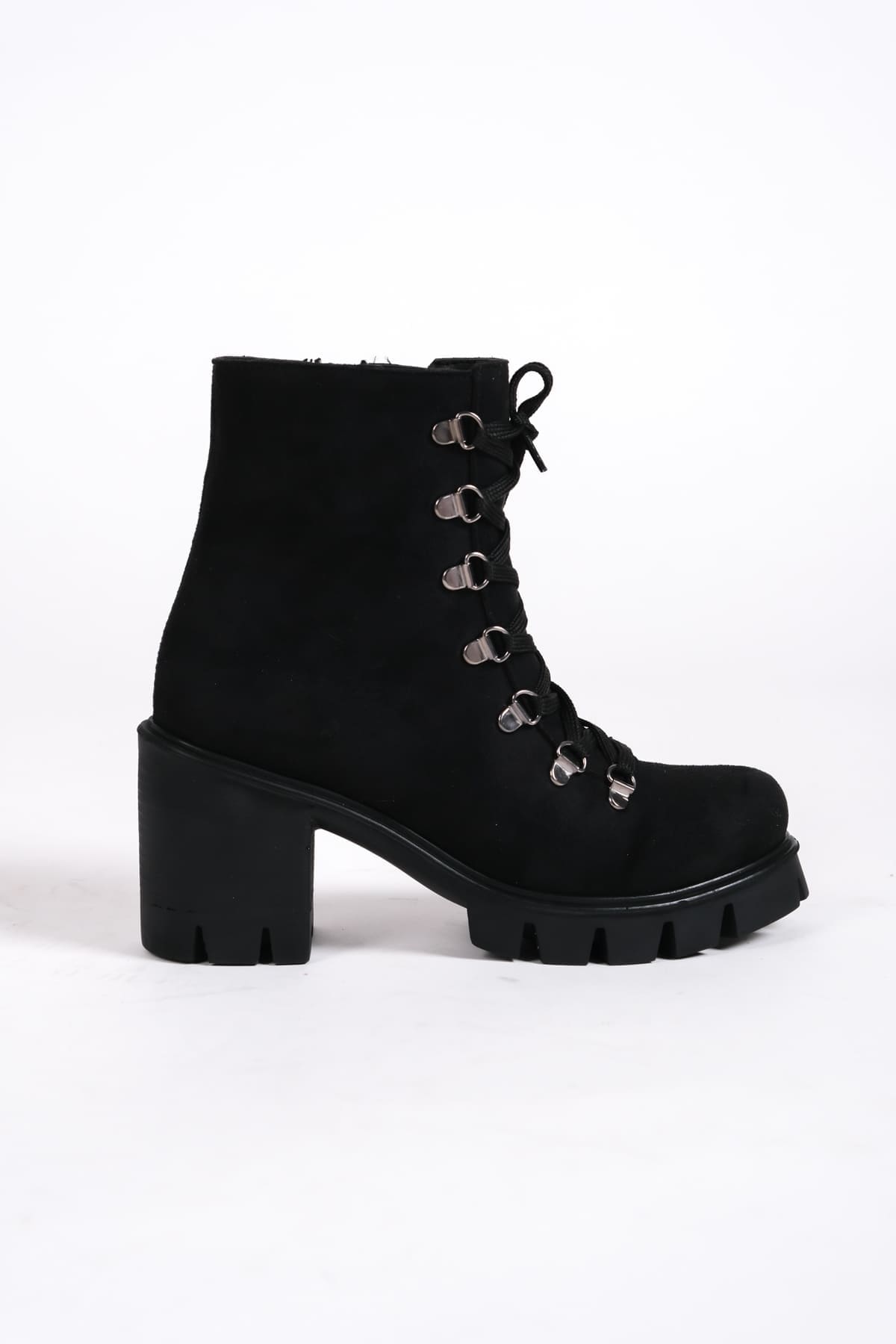 EMMA Bağcıklı Fermuarlı Ortopedik Taban Topuklu Süet Kadın Bot SST - Siyah - Görsel 6