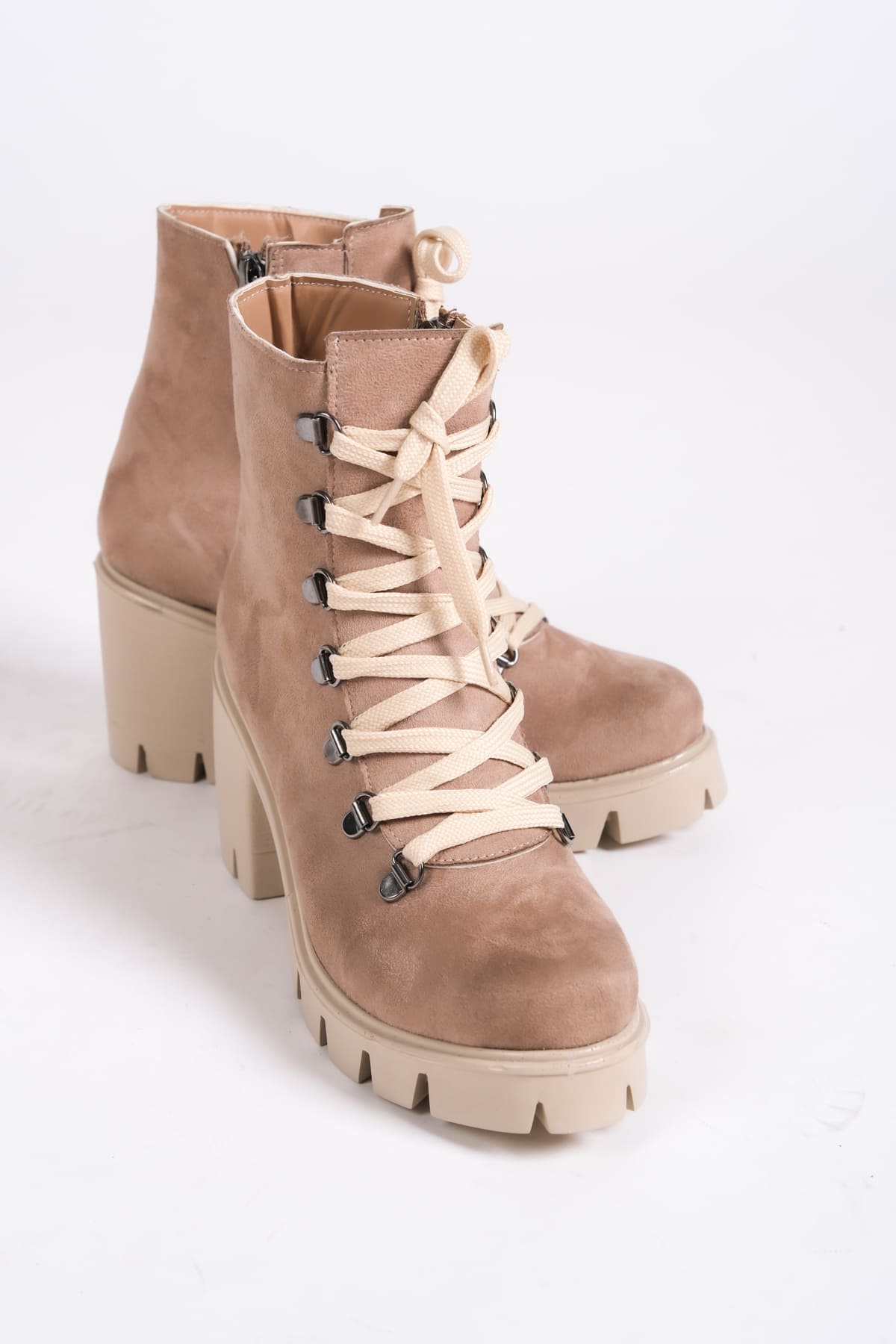 EMMA Bağcıklı Fermuarlı Ortopedik Taban Topuklu Süet Kadın Bot STT - Ten - Görsel 5