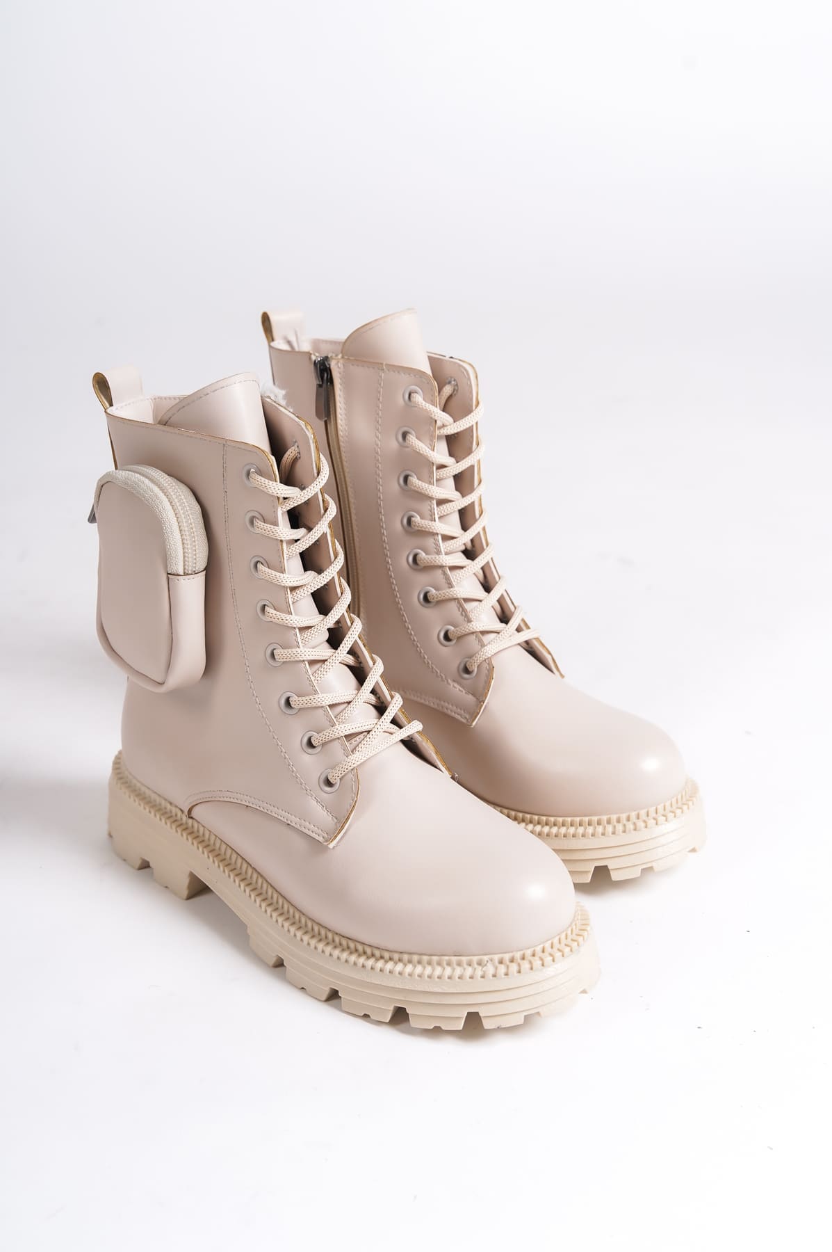 GINA Bağcıklı Fermuarlı Ortopedik Taban Çantalı Kadın Bot CKT - Krem - Görsel 4
