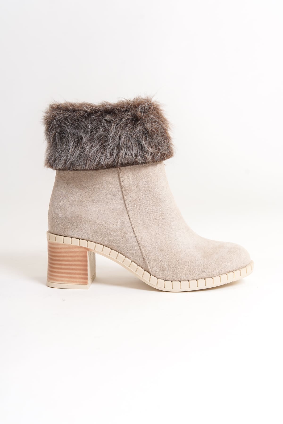 JULIA Fermuarlı Ortopedik Taban Tüylü Topuklu Süet Kadın Bot SKT - Krem - Görsel 6