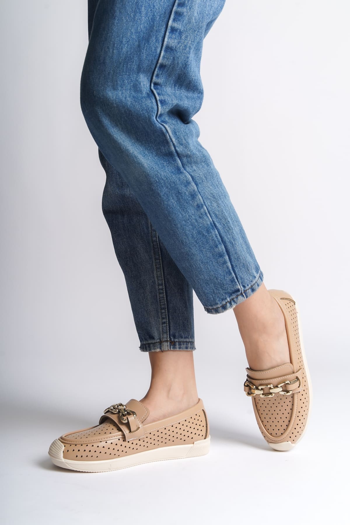 LAYLA Bağcıksız Ortopedik Rahat Taban Kalp Desenli Kadın Babet Ayakkabı CKT - Ten - Görsel 3