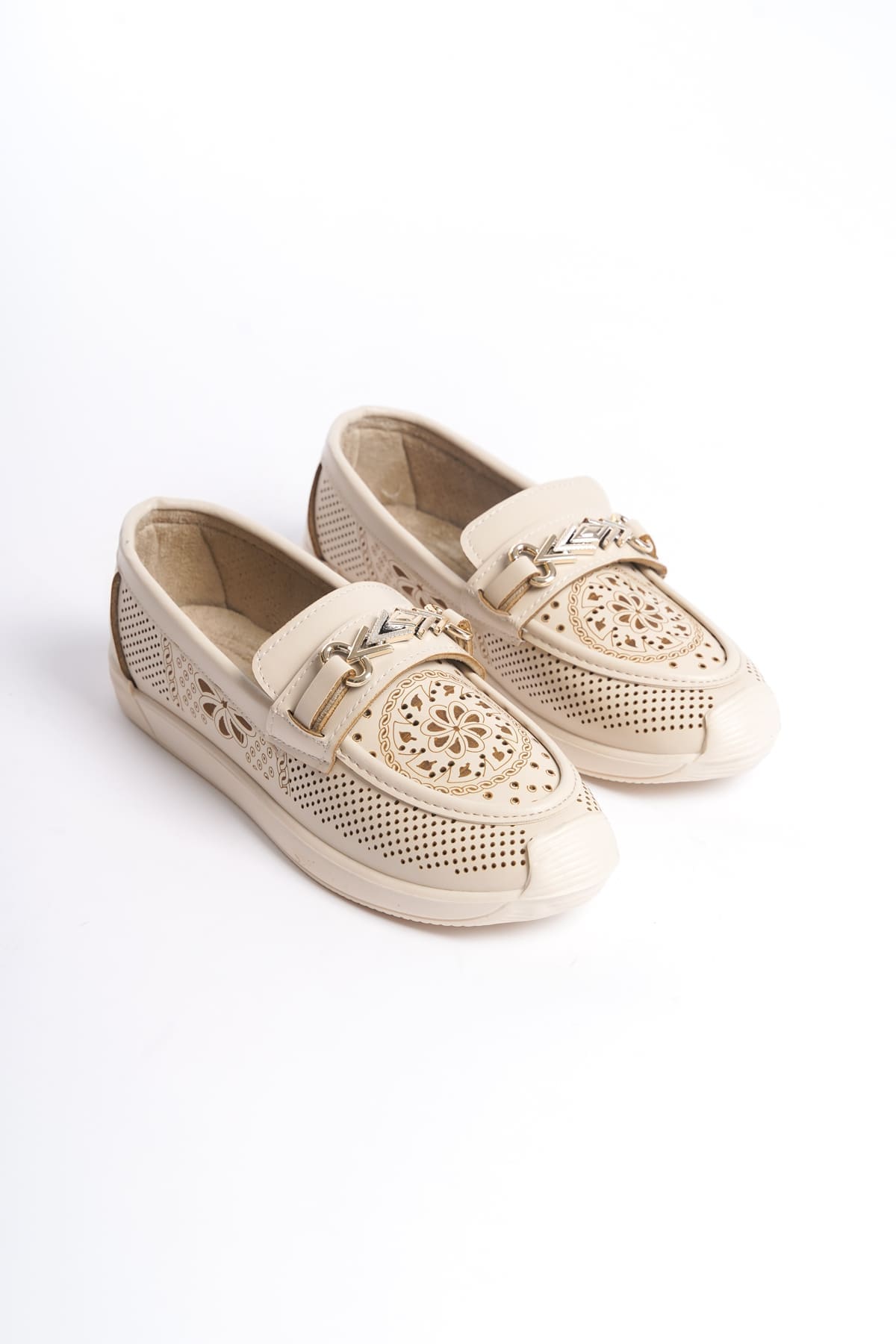 LILY Bağcıksız Ortopedik Rahat Taban Çiçek Desenli Kadın Babet Ayakkabı CKT - Krem - Görsel 4