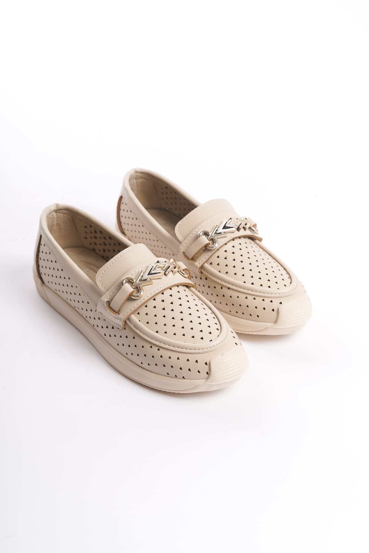 LILY Bağcıksız Ortopedik Rahat Taban Kalp Desenli Kadın Babet Ayakkabı CKT - Krem - Görsel 4