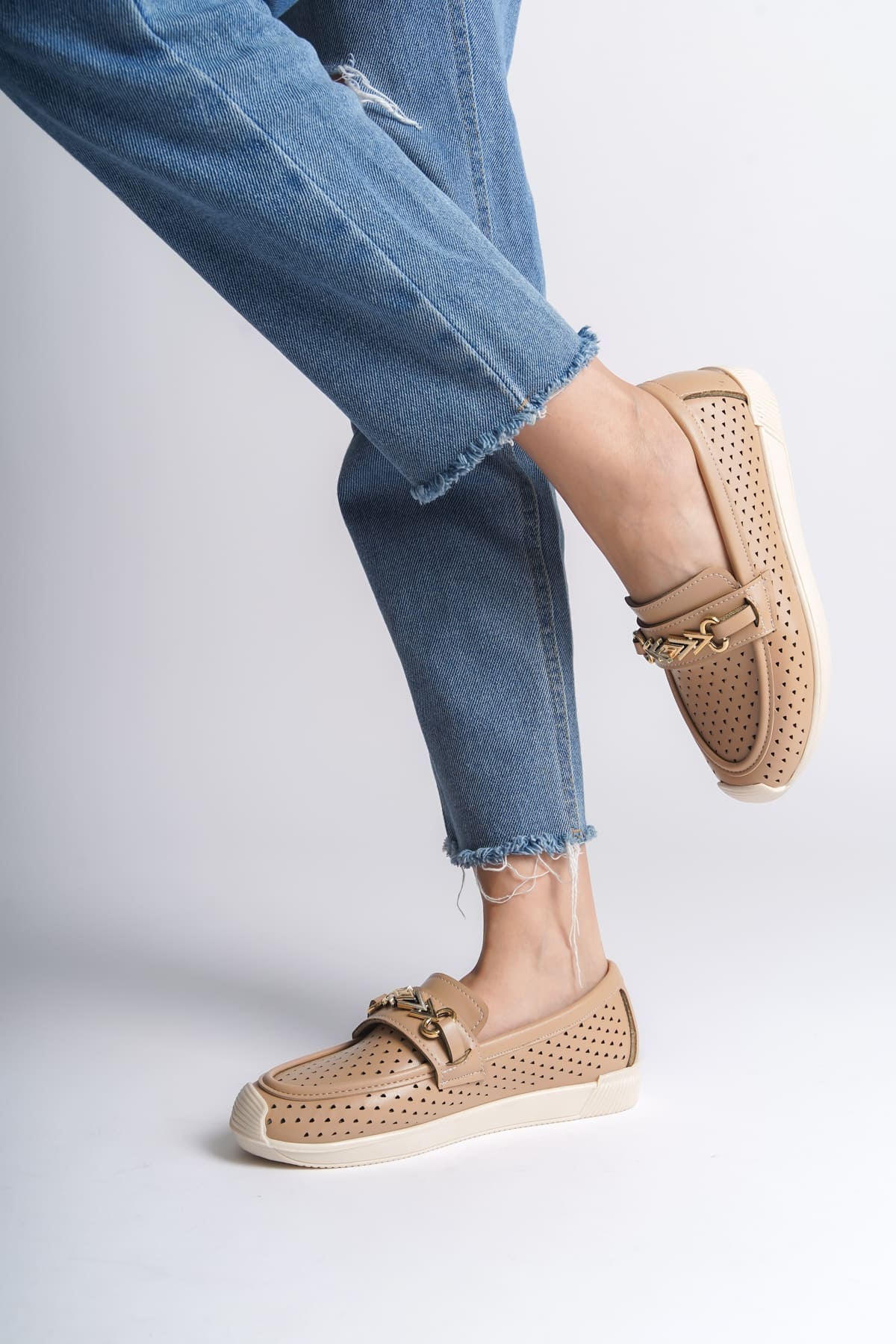 LILY Bağcıksız Ortopedik Rahat Taban Kalp Desenli Kadın Babet Ayakkabı CKT - Ten - Görsel 3