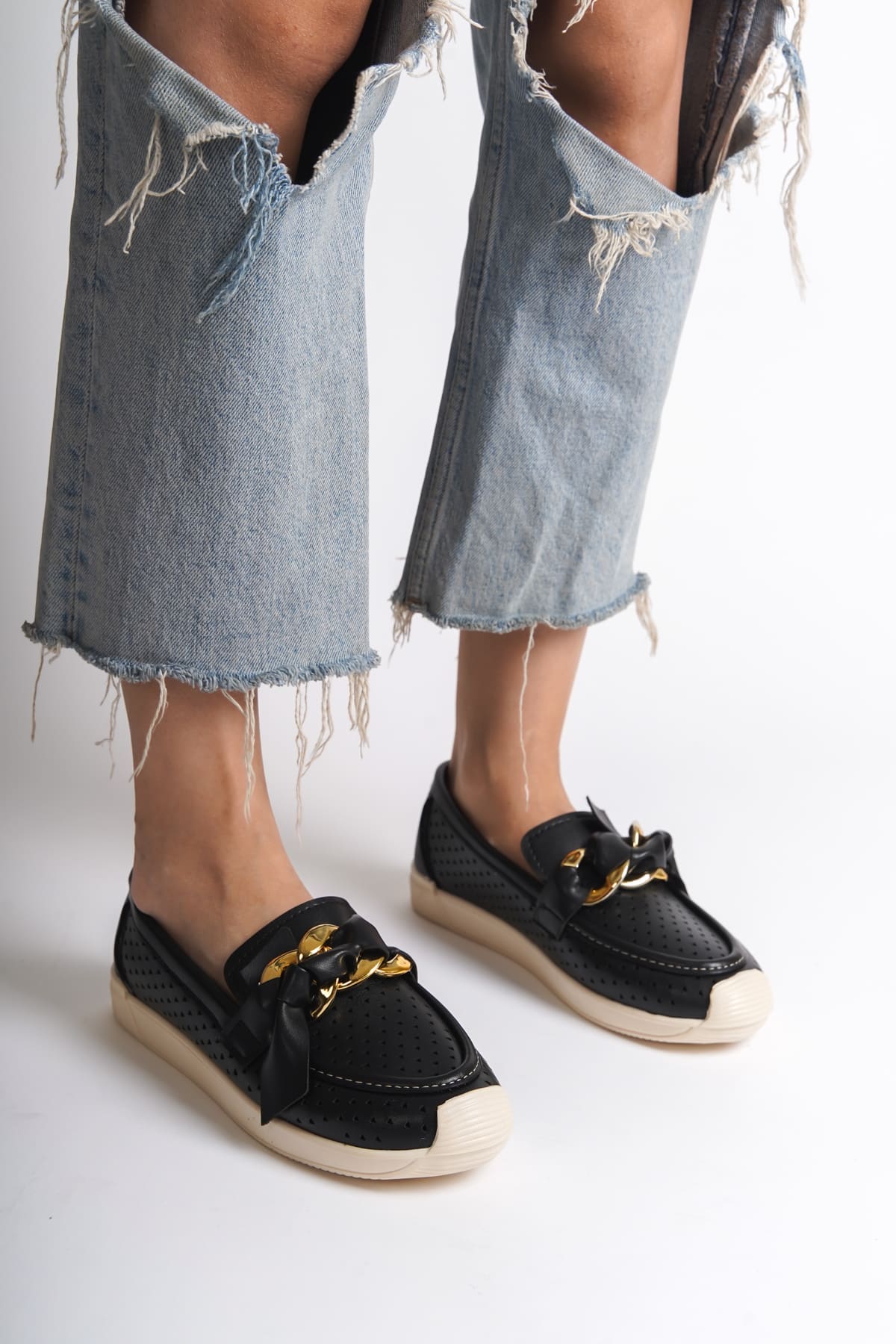 LYDIA Bağcıksız Ortopedik Rahat Taban Kalp Desenli Kadın Babet Ayakkabı CKT - Siyah