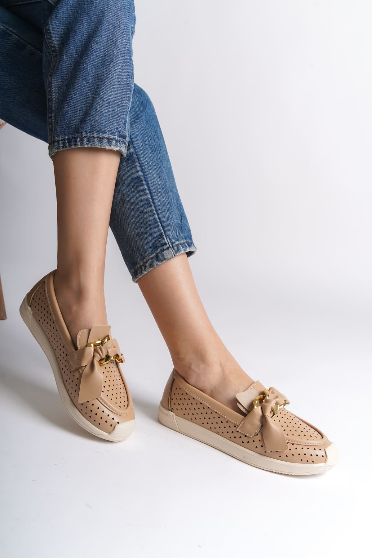 LYDIA Bağcıksız Ortopedik Rahat Taban Kalp Desenli Kadın Babet Ayakkabı CKT - Ten - Görsel 2