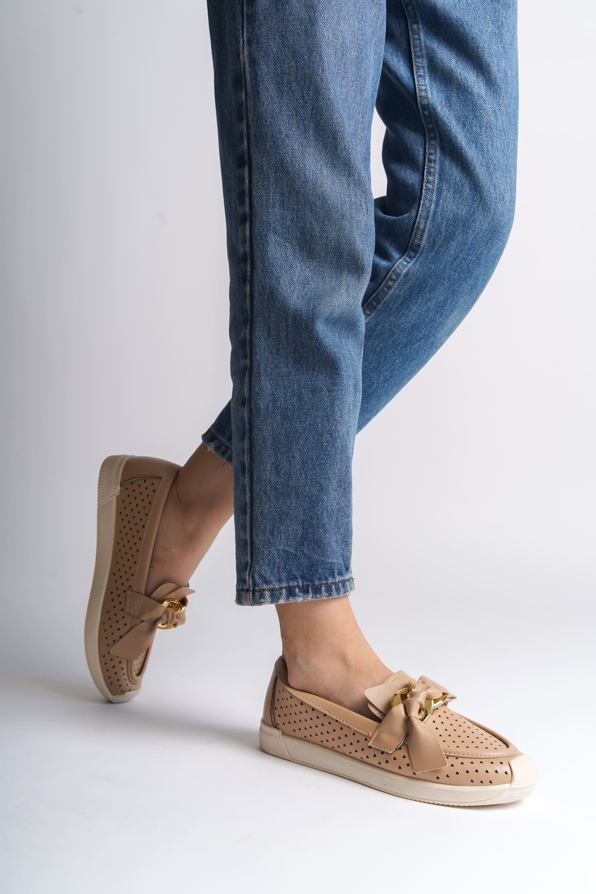 LYDIA Bağcıksız Ortopedik Rahat Taban Kalp Desenli Kadın Babet Ayakkabı CKT - Ten