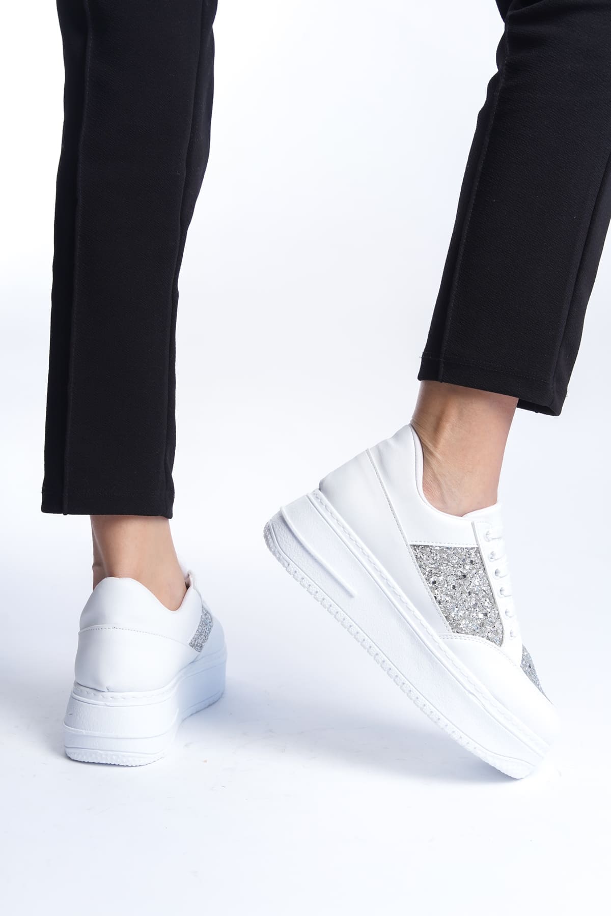 MIPA Bağcıklı Ortopedik Taban Simli Kadın Sneaker Spor Ayakkabı CBT - Beyaz - Görsel 3