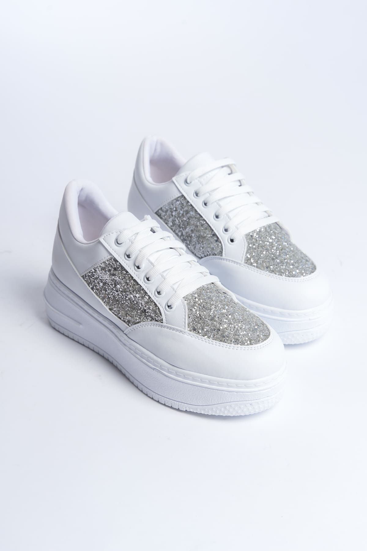 MIPA Bağcıklı Ortopedik Taban Simli Kadın Sneaker Spor Ayakkabı CBT - Beyaz - Görsel 4