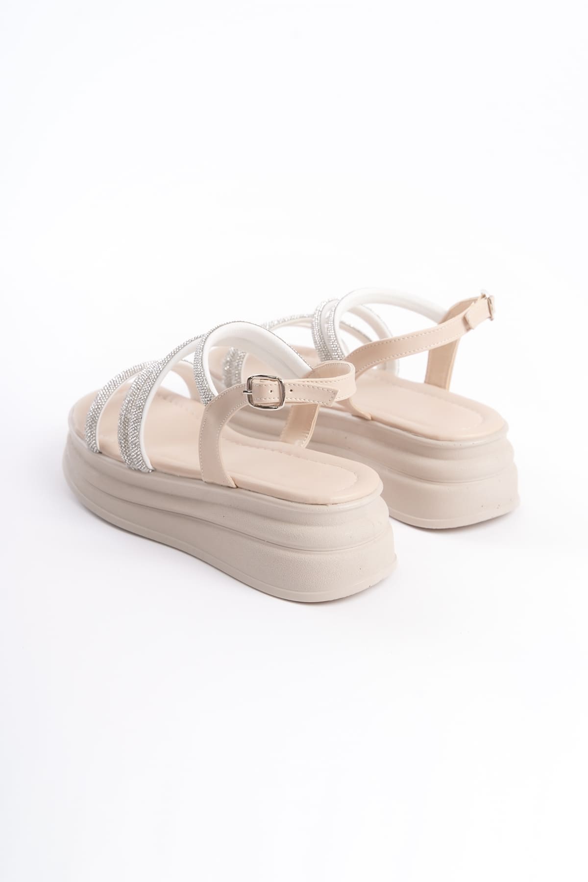 RILEY İnce Tokalı Taşlı Şeritli Ortopedik Taban Kadın Sandalet CKT - Krem - Görsel 5