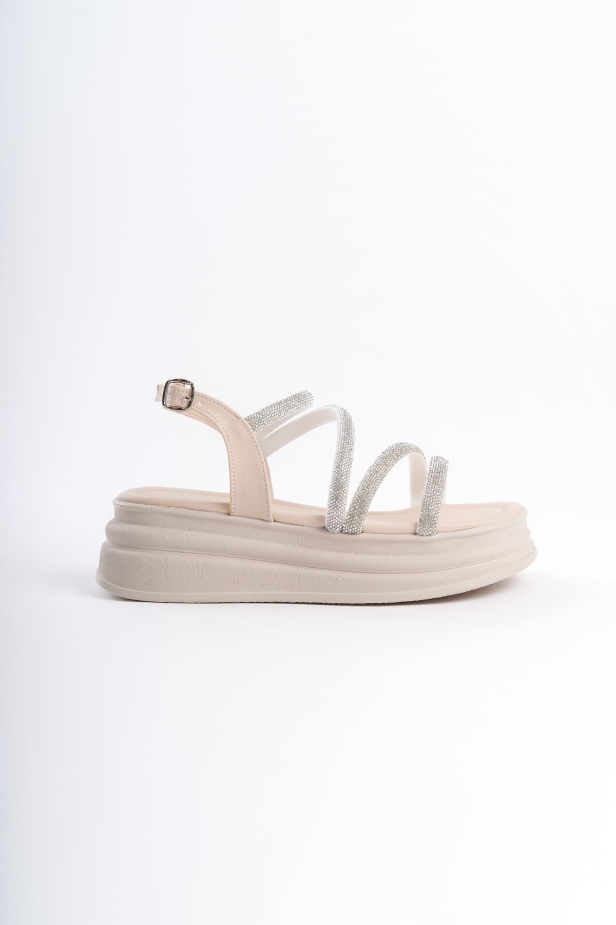 RILEY İnce Tokalı Taşlı Şeritli Ortopedik Taban Kadın Sandalet CKT - Krem - Görsel 6