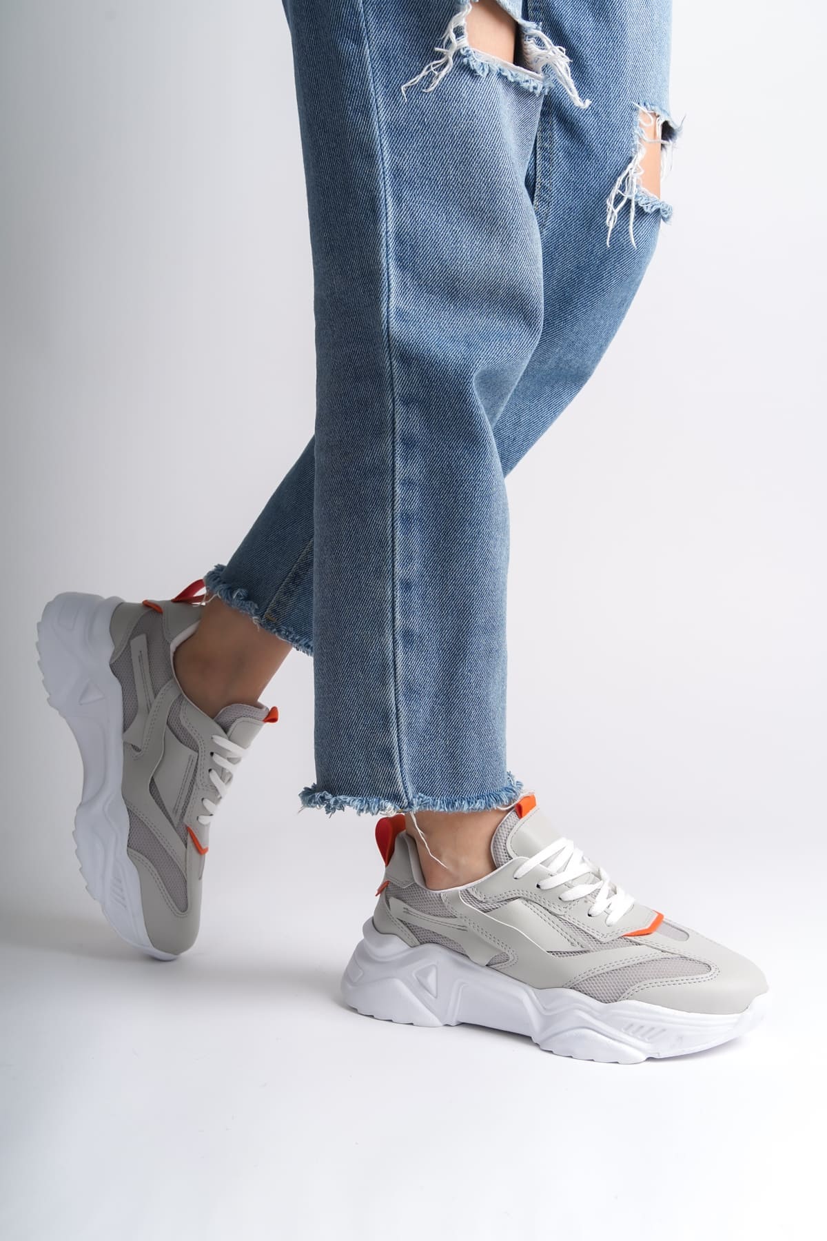 TOKYO Bağcıklı Ortopedik Taban Triko Detaylı Kadın Spor Ayakkabı TBT - Gri/Turuncu - Görsel 2