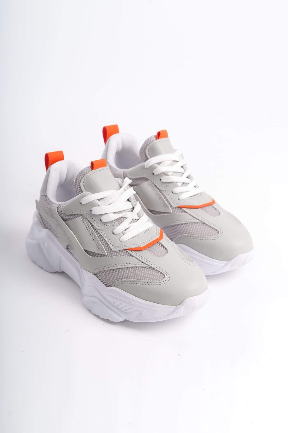 TOKYO Bağcıklı Ortopedik Taban Triko Detaylı Kadın Spor Ayakkabı TBT - Gri/Turuncu - Görsel 4
