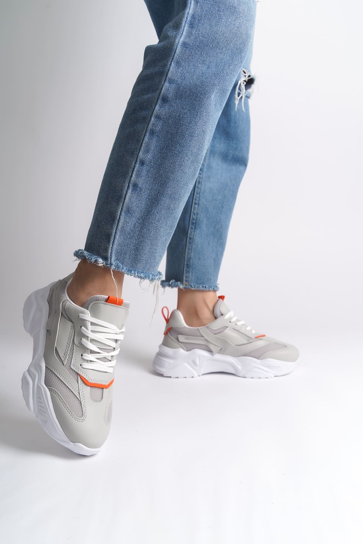 TOKYO Bağcıklı Ortopedik Taban Triko Detaylı Kadın Spor Ayakkabı TBT - Gri/Turuncu