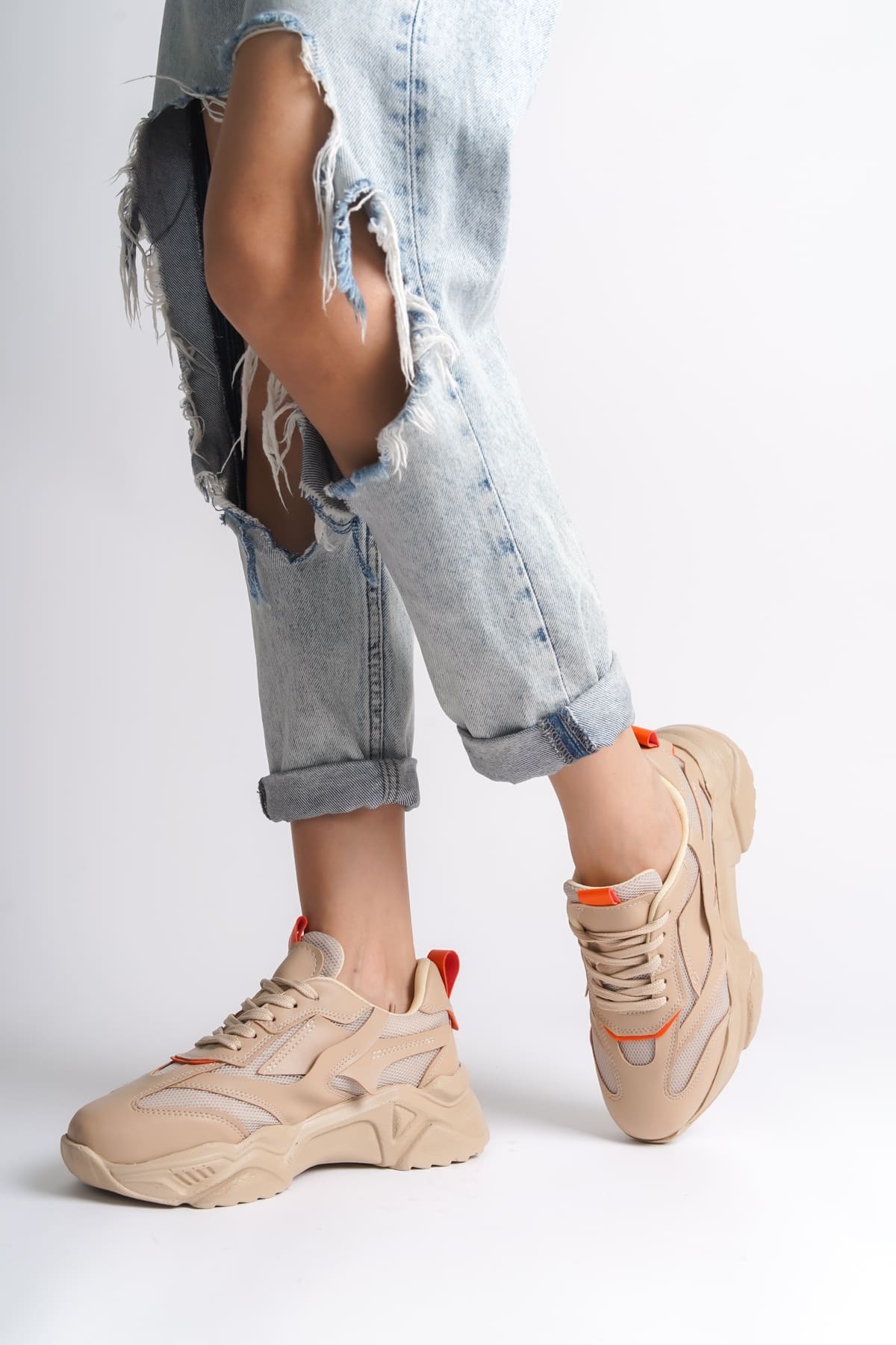 TOKYO Bağcıklı Ortopedik Taban Triko Detaylı Kadın Spor Ayakkabı TTT - Ten/Turuncu - Görsel 2