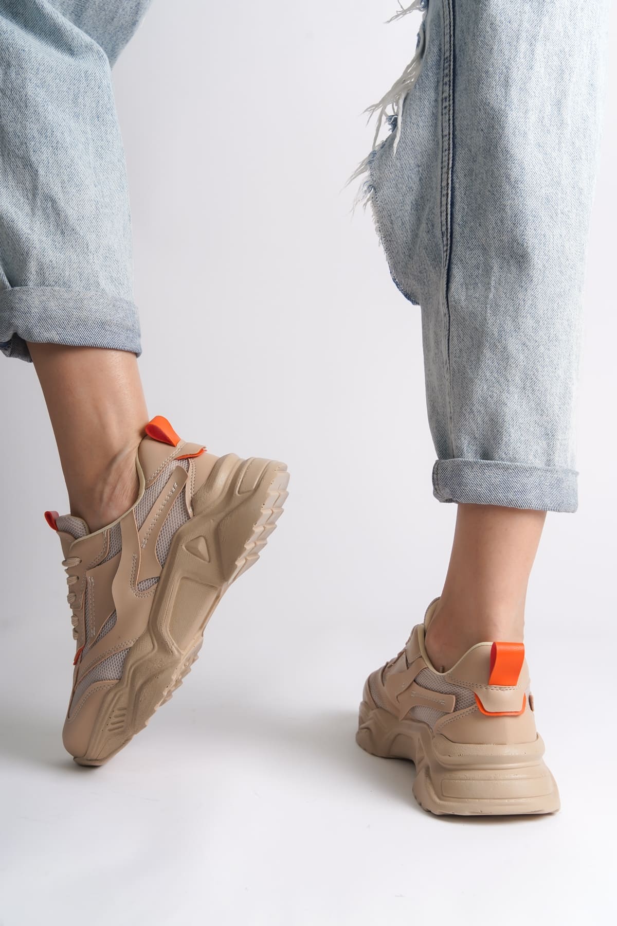 TOKYO Bağcıklı Ortopedik Taban Triko Detaylı Kadın Spor Ayakkabı TTT - Ten/Turuncu - Görsel 3