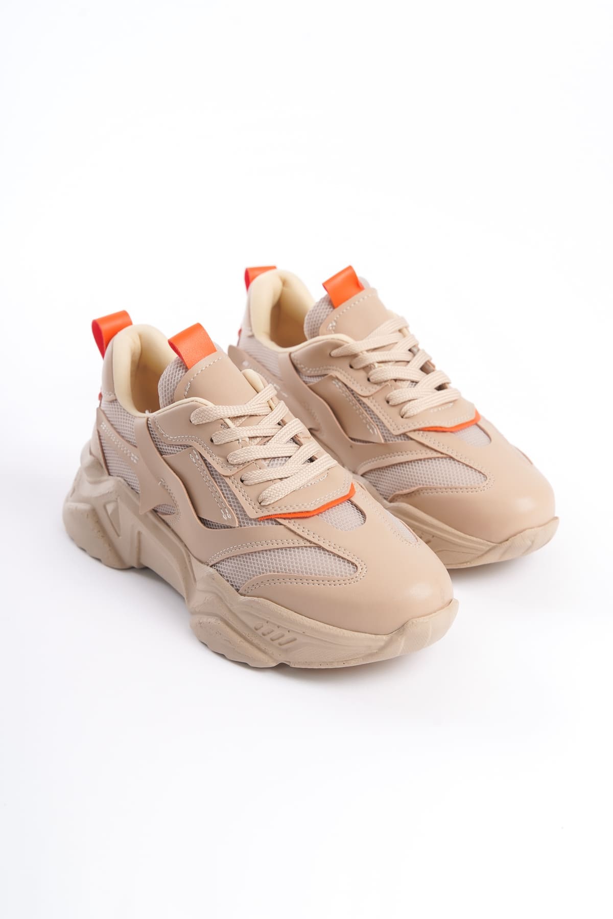 TOKYO Bağcıklı Ortopedik Taban Triko Detaylı Kadın Spor Ayakkabı TTT - Ten/Turuncu - Görsel 4