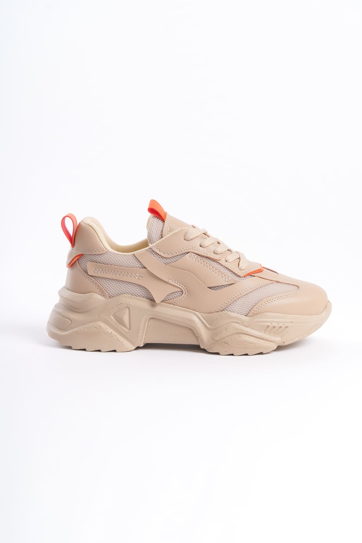 TOKYO Bağcıklı Ortopedik Taban Triko Detaylı Kadın Spor Ayakkabı TTT - Ten/Turuncu - Görsel 6