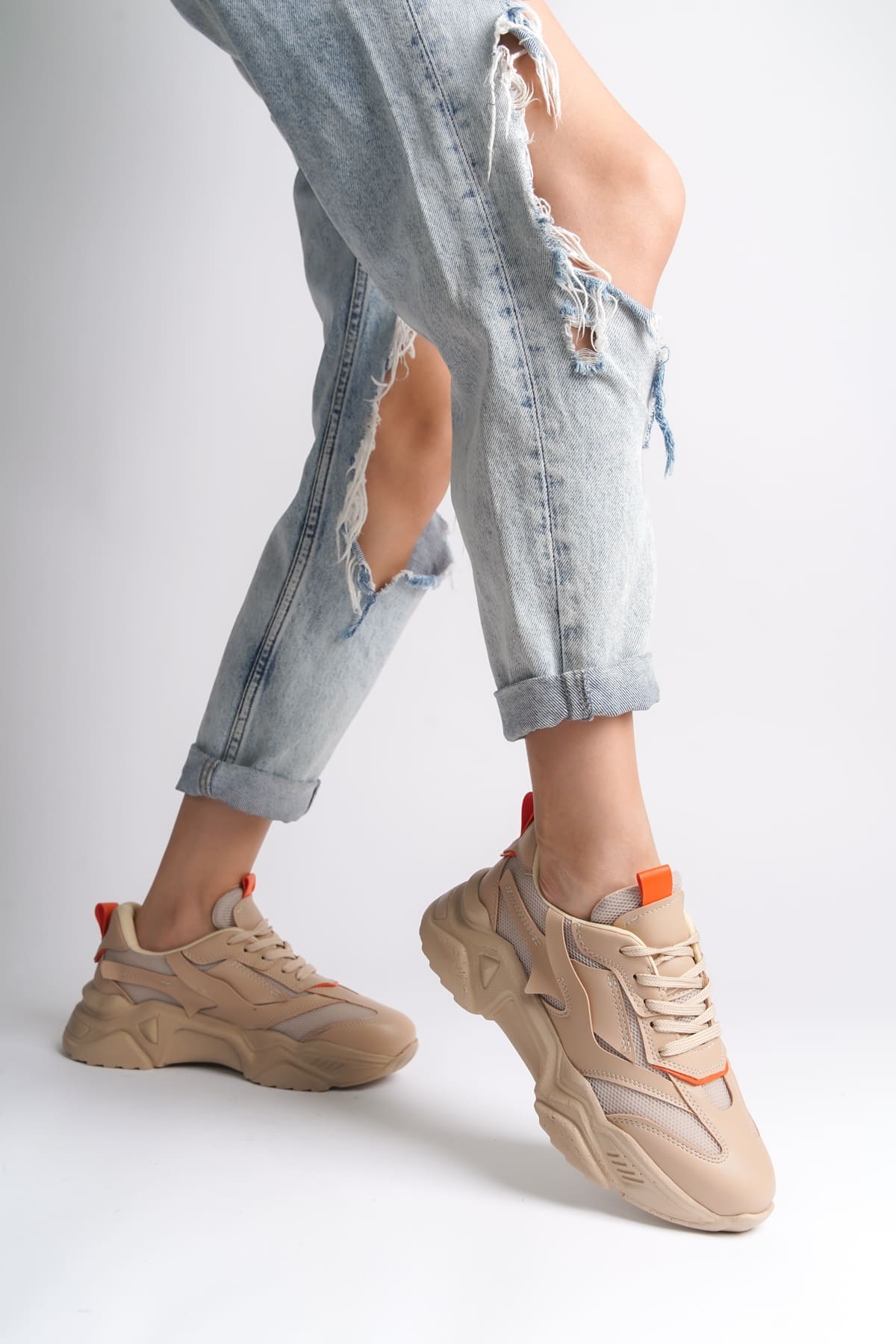 TOKYO Bağcıklı Ortopedik Taban Triko Detaylı Kadın Spor Ayakkabı TTT - Ten/Turuncu