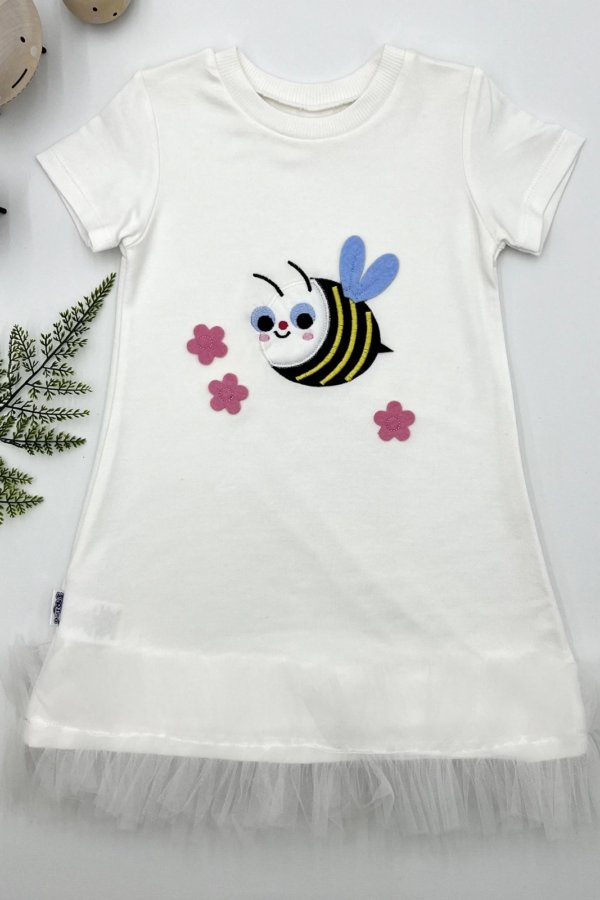 1-2-3 Yaş Arıcık Nakışlı Eteği Fırfırlı Jile Kız Çocuk Elbisesi Beyaz